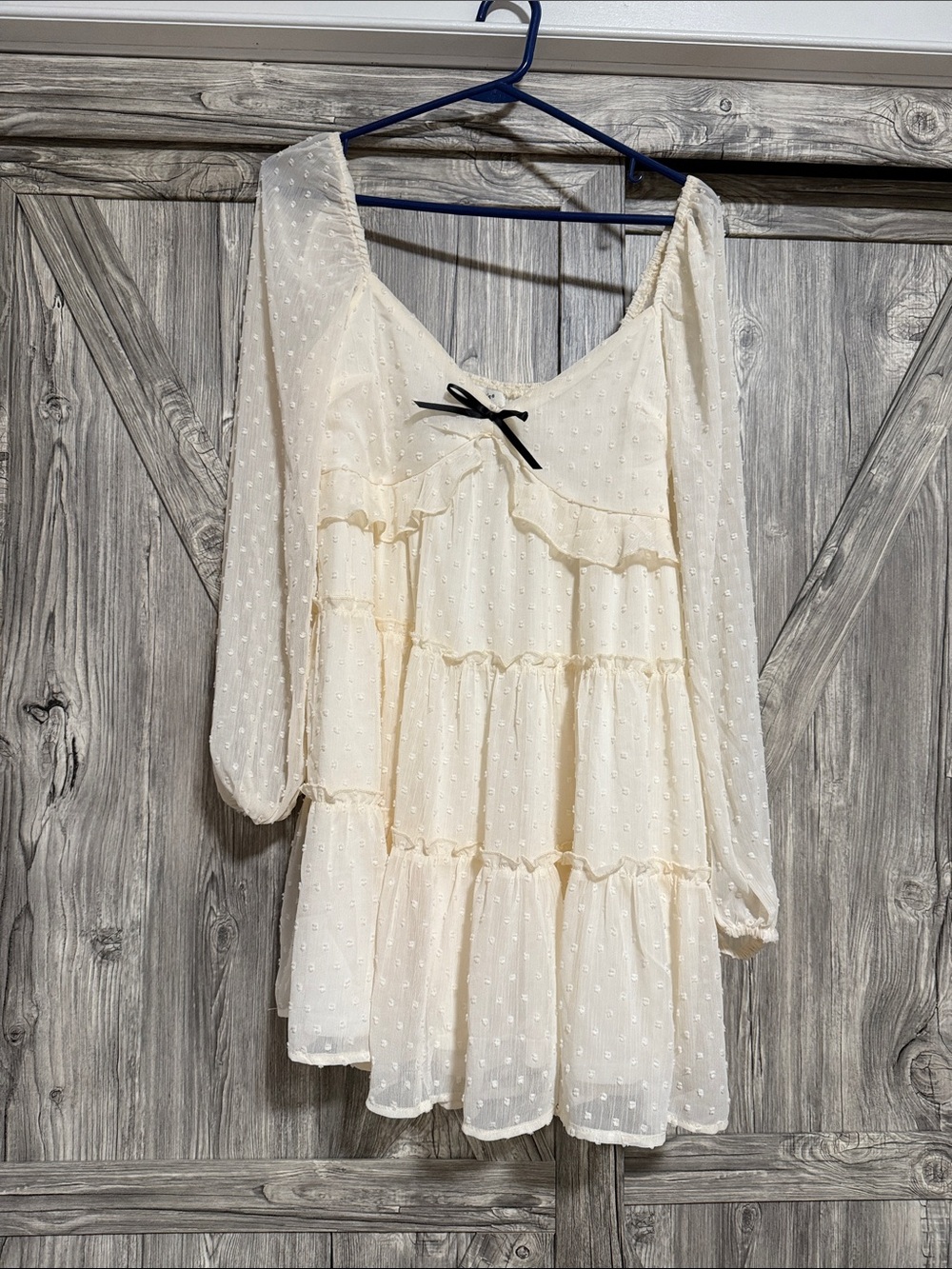 Francesca’s Brand Cream Swiss Dot Tiered Babydoll Dress with Black Bow